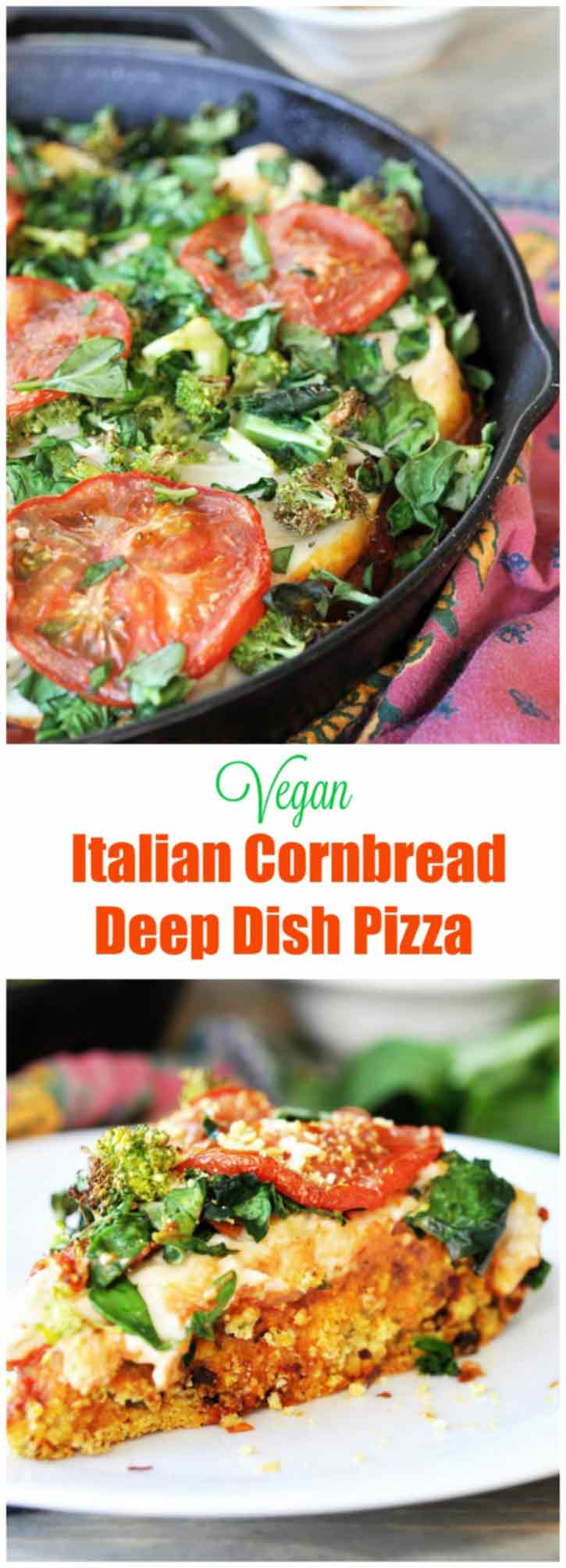 Vegan Deep Dish Pizza with Italian Cornbread Crust! This thick, gooey, delicious deep dish pizza recipe is a crowd pleaser. www.veganosity.com