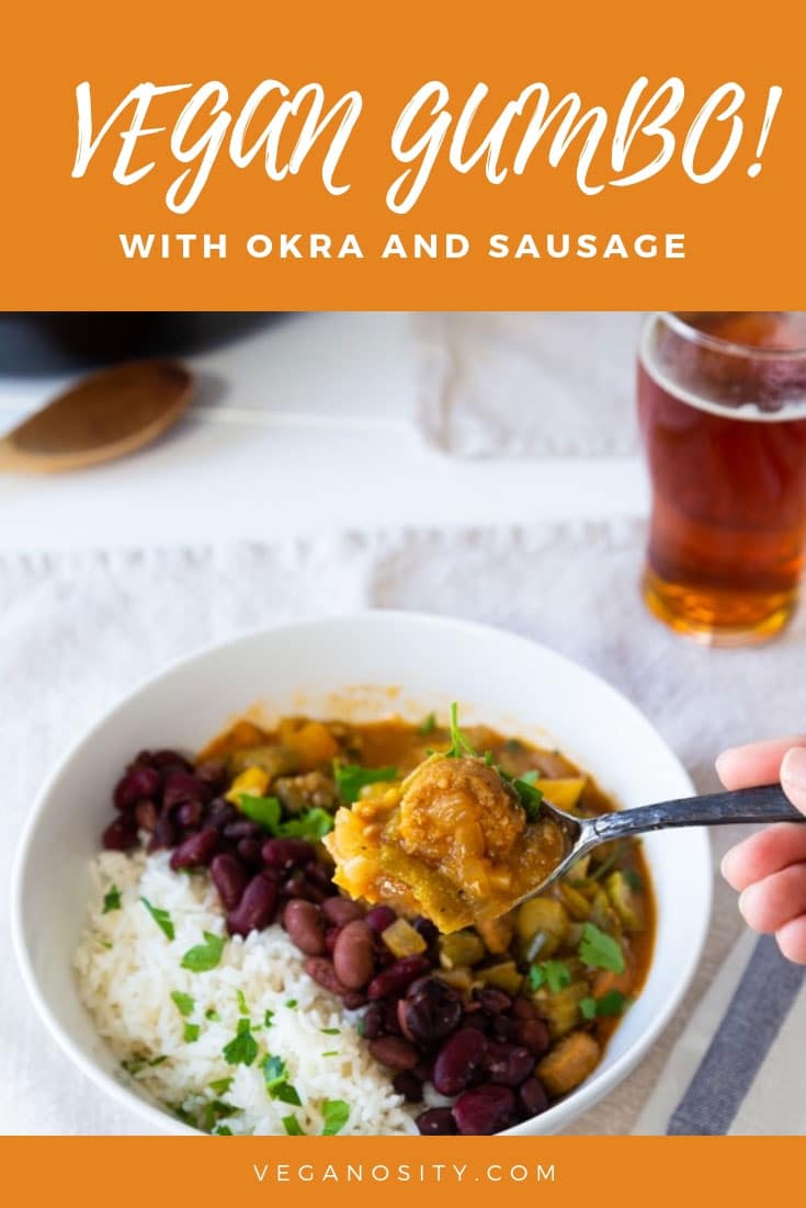Vegan gumbo with okra, sausage, and all of the flavor you expect in this Creole dish! #vegan #gumbo #plantbased