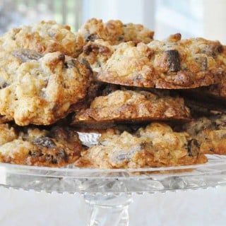 A plate of chocolate chip oatmeal cookies.