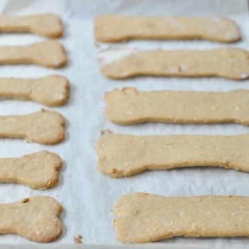 Dog bone shaped cookies on a parchment lined baking sheet.