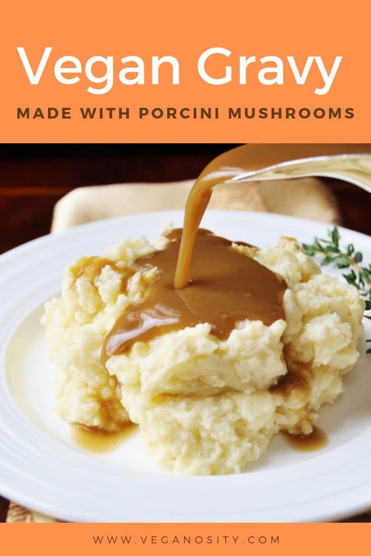 A Pinterest pin for mushroom gravy with a pile of mashed potatoes on a white plate with a silver gravy boat pouring gravy on the potatoes.