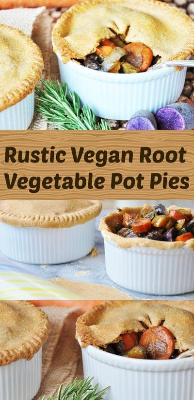 Rustic and hearty Vegan Root Vegetable Pot Pies. These will make you slow down and enjoy life while they warm your body and soul. Filled with antioxidants and delicious root vegetables all wrapped up in a delicious crust. This is on of my favorite fall recipes. www.veganosity.com