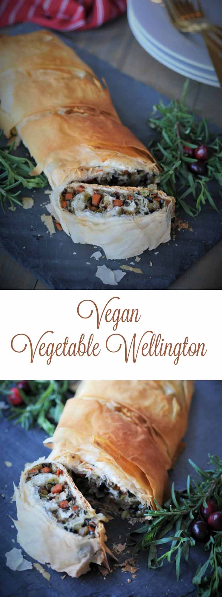 Vegan Vegetable Wellington Pinterest Pin with two pictures of the recipe.