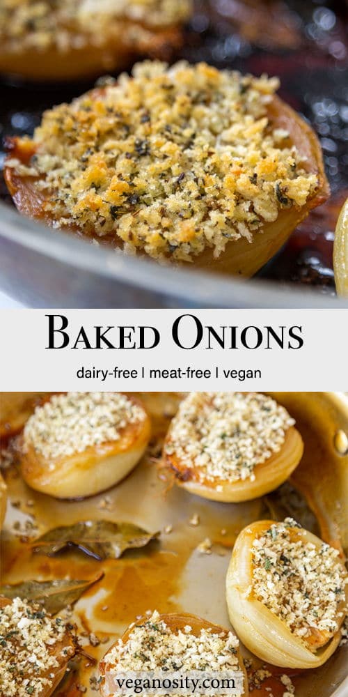 A Pinterest pin for baked onions stuffed with a fennel breadcrumb with 2 pictures of the onions.