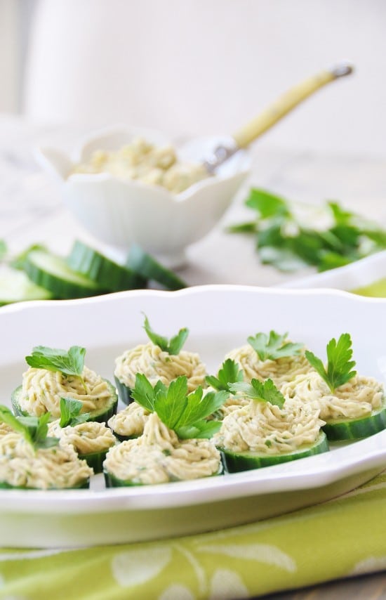 Cannellini Bean Dip on Cucumber Chips! Healthy, easy, and quick. www.veganosity.com