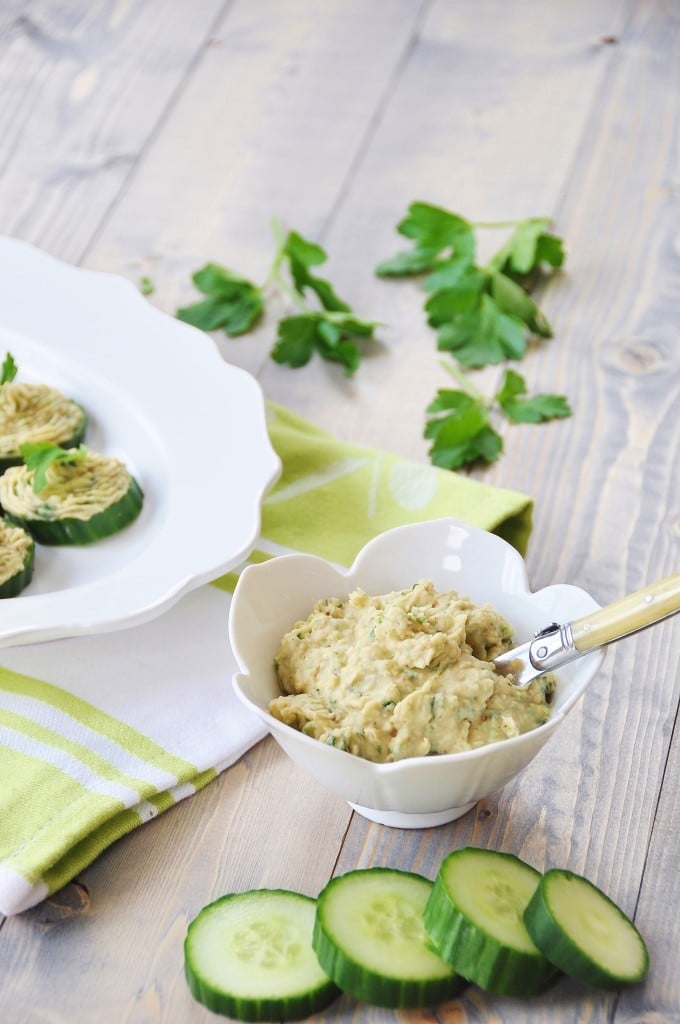 Cannellini Bean Dip on Cucumber Chips