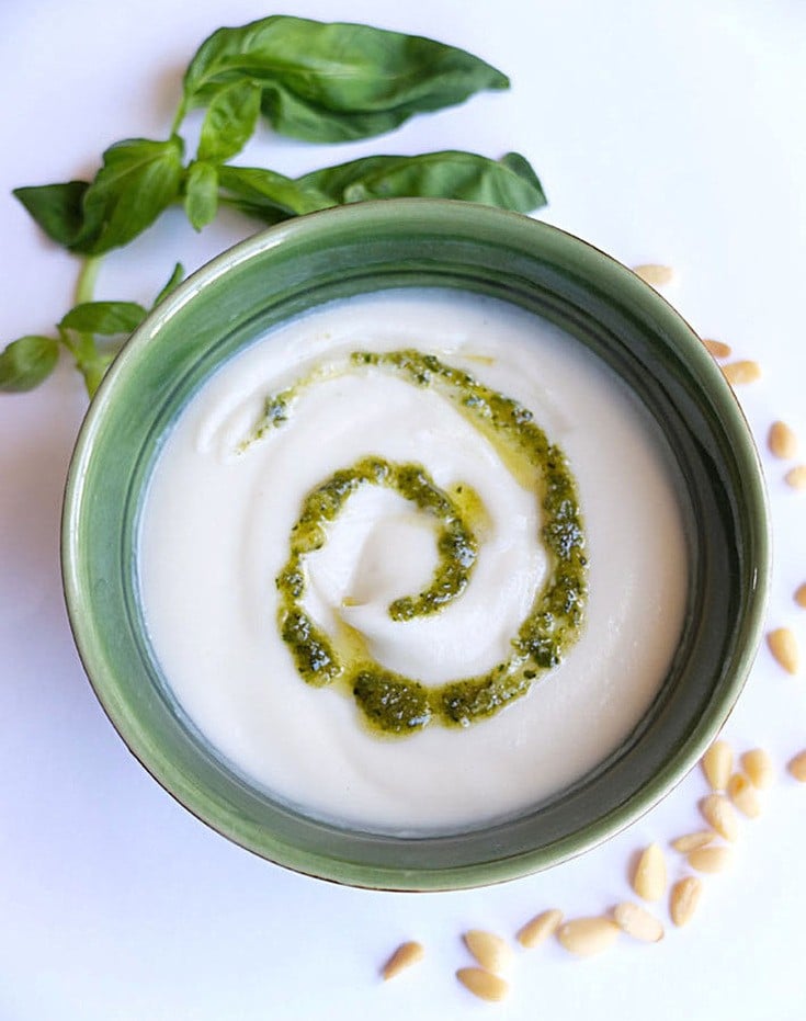 Creamy Cauliflower Soup with Pine Nuts & Pesto from Bread & Olives
