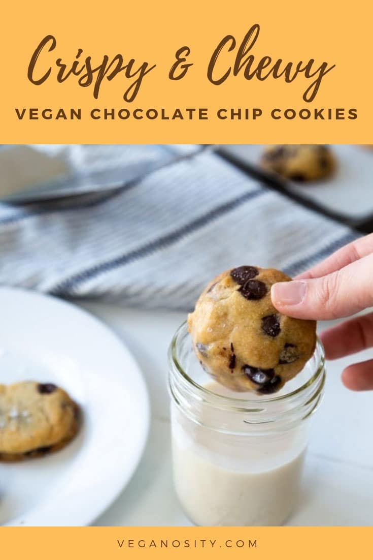 Dairy and egg-free salted dark chocolate chip cookies! Easy to make and crispy on the outside and chewy on the inside. #vegan #cookies #chocolatechip