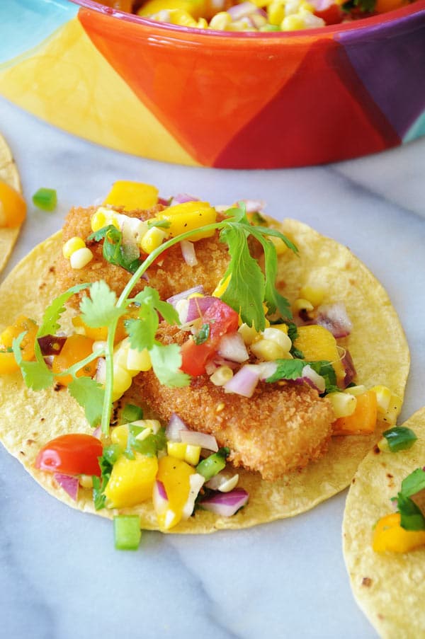 Beer Battered "Fish" Tacos with Mango Salsa - Veganosity
