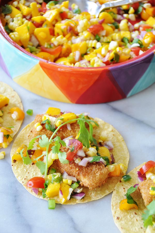 Beer Battered "Fish" Tacos with Mango Salsa