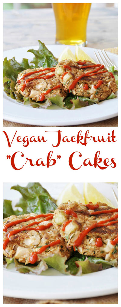 A PInterest pin for Vegan Jackfruit "Crab" Cakes with two pictures of the cakes on white plates.