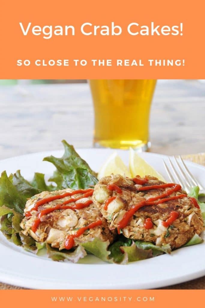A Pinterest Pin with an orange background with vegan crab cakes on a white plate with sriracha drizzled on top.