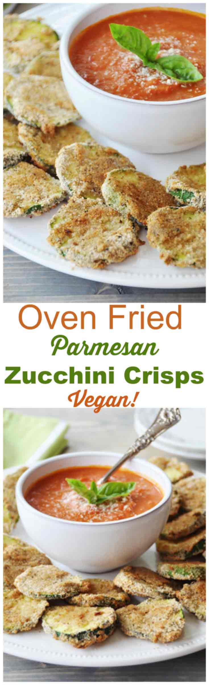 Oven Fried Parmesan Zucchini Crisps! They're crispy, crunchy, and delicious. They're also vegan! The perfect appetizer recipe. www.veganosity.com