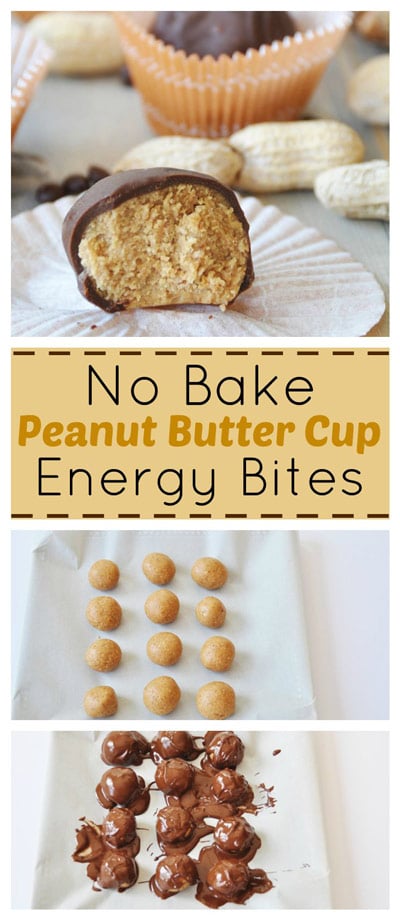 A Pintterest pin for No Bake Peanut Butter Cup Energy Bites with pictures of them being made and the final product. 