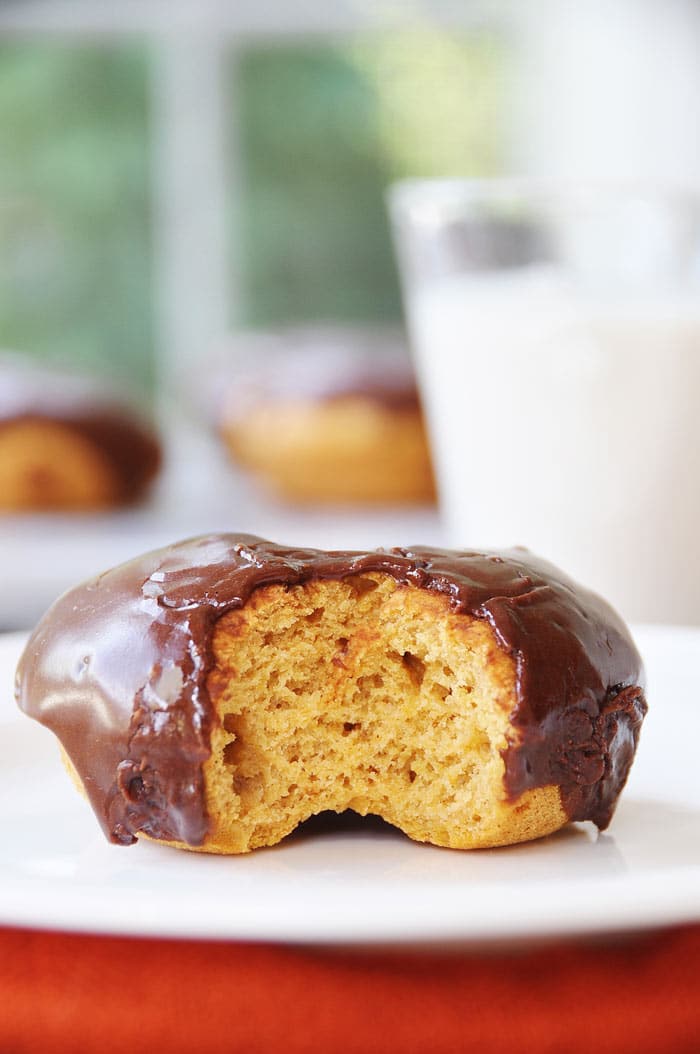 A pumpkin spice doughnut with chocolate frosting with a bite out of the center on a white plate with a glass of milk in the background