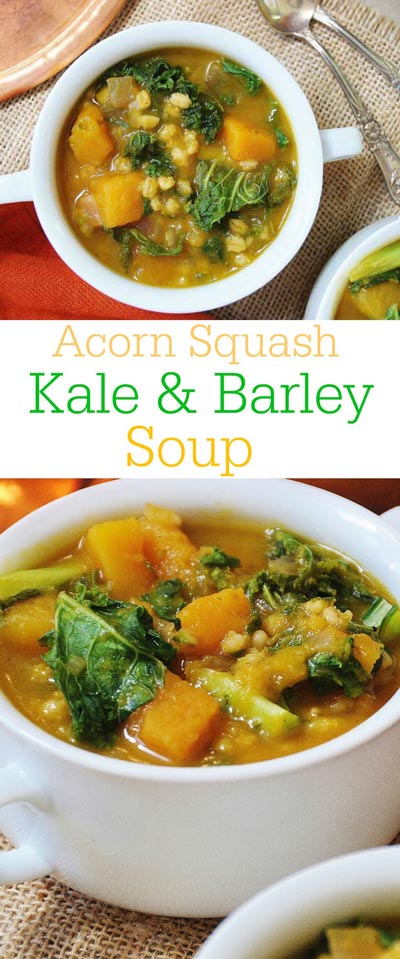 Acorn Squash, Kale, & Barley Soup! This soup recipe is so cozy and flavorful. It's like putting fall in a soup pot. www.veganosity.com