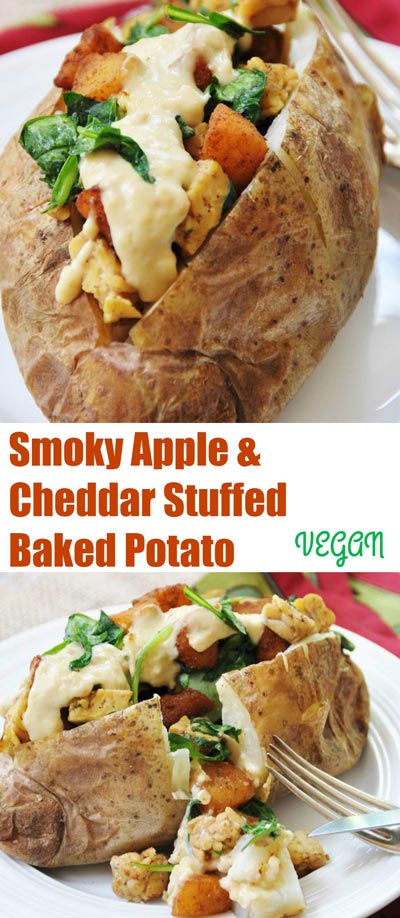 Smoky Apple & "Cheddar" Stuffed Baked Potato! This vegan recipe will make even the biggest carnivore happy. Cashew cheese sauce tastes like cheddar, smoky sauteed apples and crispy smoky tempeh, plus healthy wilted spinach, all stuffed into a giant baked potato. www.veganosity.com