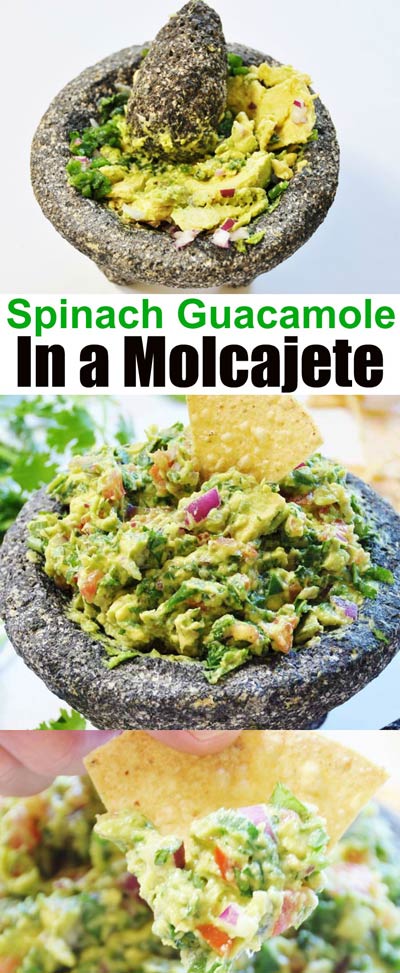Spinach Guacamole Made in a Molcajete . The molcajete stone bowl makes this spinach guacamole recipe so flavorful and fun to make. The spinach adds protein, iron, and vitamins, and it boosts the volume, and only you will know it's in there. www.veganosity.com