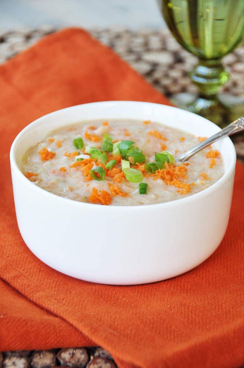 8 Ingredient Chunky Potato & Carrot Soup! This chunky potato and carrot soup recipe is made with 8 ingredients. It's easy, healthy, and delicious. It's one of my favorite soup recipes for the cold winter months. www.veganosity.com