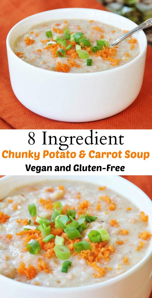 8 Ingredient Chunky Potato & Carrot Soup! This chunky potato and carrot soup recipe is made with 8 ingredients. It's easy, healthy, and delicious. It's one of my favorite soup recipes for the cold winter months. www.veganosity.com