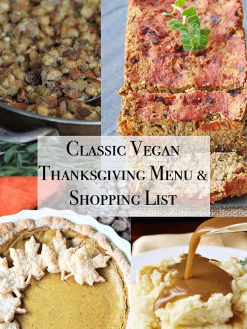 classic vegan thanksgiving cover with vegan pumpkin pie, vegan gravy, vegan stuffing, and vegan lentil loaf