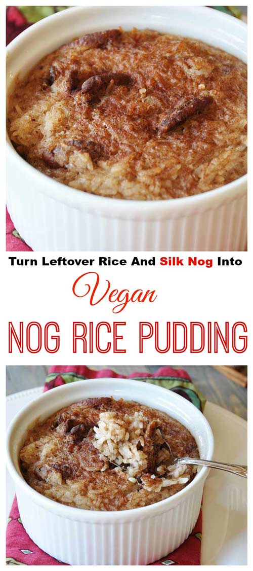 Vegan NOG Rice Pudding! This vegan nog rice pudding recipe is made with Silk Nog, savory spices, bananas, and dates. It's the perfect Christmas morning breakfast. Easy, healthy, and DELICIOUS! Egg and dairy free! www.veganosity.com