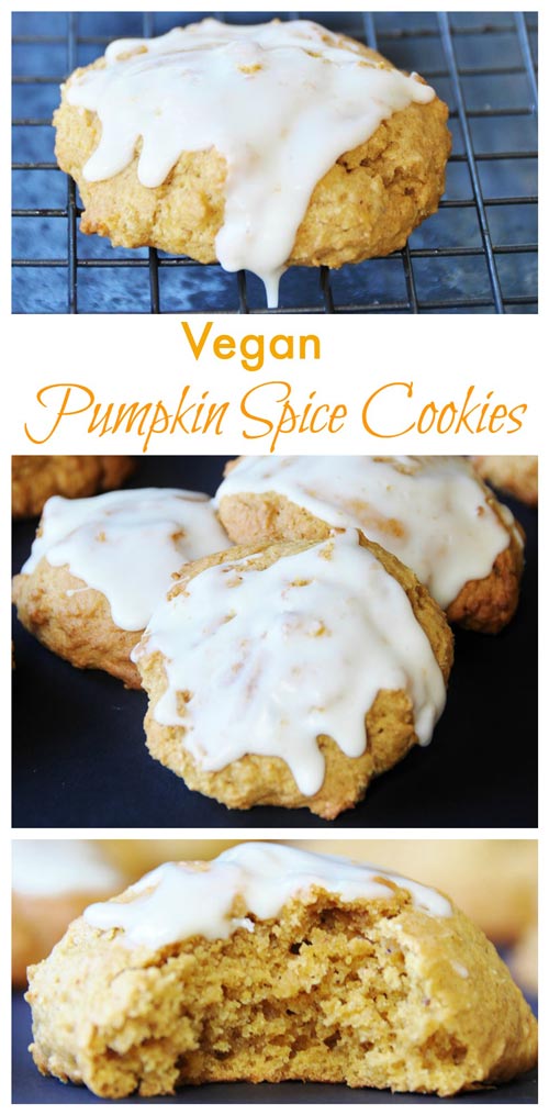 A Pinterest pin for vegan pumpkin spice cookies with a picture of the cookie on a wire cooling rack, a picture of three glazed cookies, and a picture of a cookie with a bite out of it.