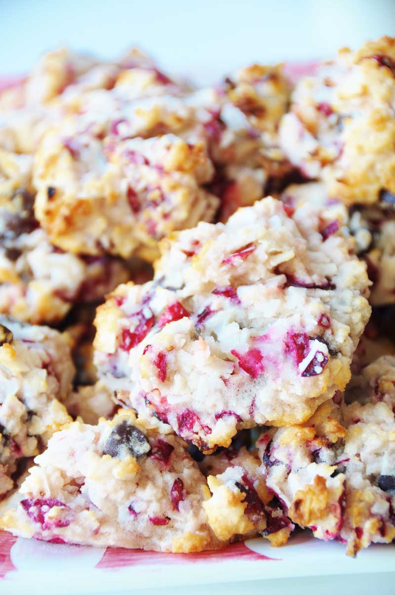 A pile of Gluten-Free Vegan Chocolate Cranberry Coconut Macaroons! This holiday cookie recipe is just one of twelve healthy recipes from some of my favorite bloggers. You're going to love these macaroons. They're crispy on the outside and chewy on the inside, filled with tangy fresh cranberry, sweet coconut, and dark chocolate. www.veganosity.com