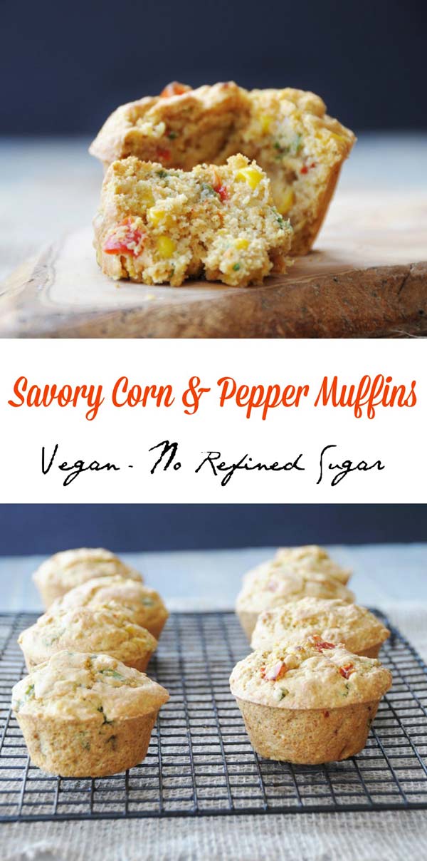 Savory Vegan Corn and Pepper Muffins. This recipe is egg, dairy, and refined sugar free. I'ts the perfect savory muffin for breakfast, lunch, dinner, or a snack. www.veganosity.com