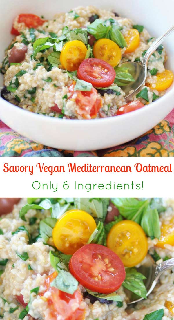 Savory vegan Mediterranean Oatmeal! This savory breakfast recipe is filled with spinach, tomatoes, Kalamata olives, basil, and steel cut oats. A delicious way to enjoy your oatmeal. This is one of my favorites! www.veganosity.com