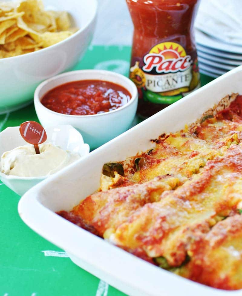 Vegan Mexican Lasagna! #KickUpTheFlavor with Pace Picante Sauce. This lasagna recipe is filled with spicy Mexican ingredients that are perfect for game day or any party with a hungry crowd. www.veganosity.com #ad
