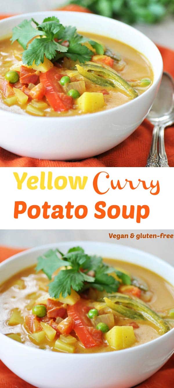 Homemade Yellow Curry Potato Soup! This savory explosion of flavor is exactly what you need for dinner tonight. Potatoes, red bell peppers, serrano peppers, and peas make this a hearty and healthy recipe. One bowl will not be enough. www.veganosity.com