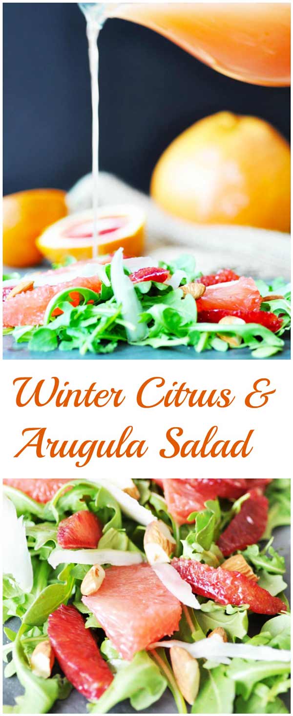 Winter Citrus & Arugula Salad with Cranberry Orange Dressing. This fresh and bright salad recipe will take away your winter blues. Red grapefruit, blood orange, fennel, and raw almonds. www.veganosity.com