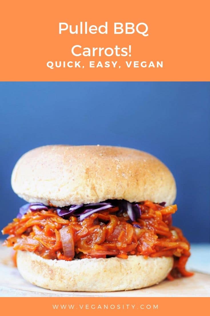 A pinterest pin for Pulled BBQ Carrots with a picture of the BBQ sandwich.
