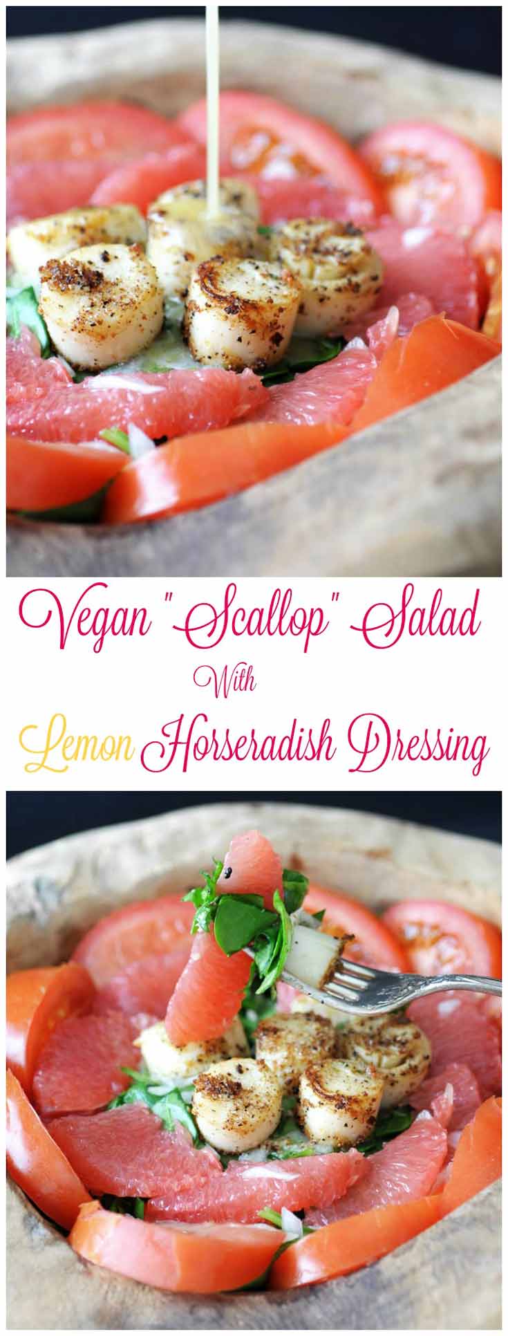 VEGAN “SCALLOP” SALAD WITH LEMON HORSERADISH DRESSING FOR TWO! Palm hearts are the star of this recipe. They mimic scallops like nothing else. You have to try this! My seafood loving husband LOVED this. www.veganosity.com