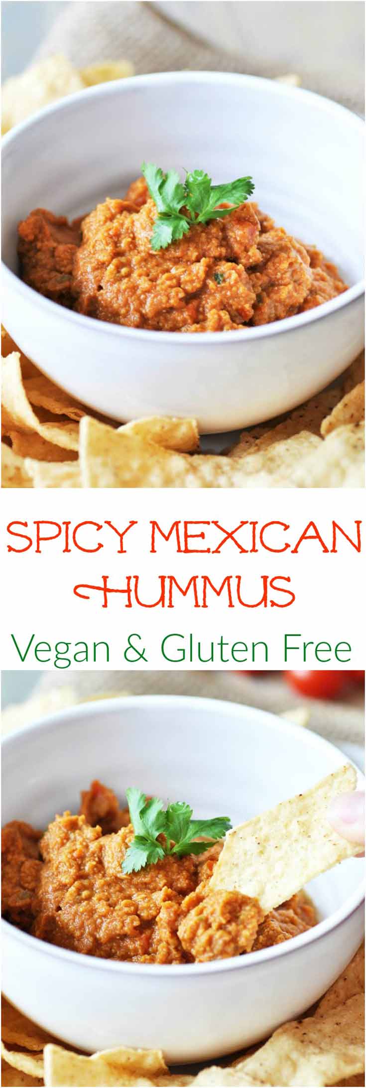 Spicy Oil-Free Mexican Hummus! This delicious and spicy recipe puts the flavors of Mexico in the traditional creamy dip of India. A crowd favorite! www.veganosity.com