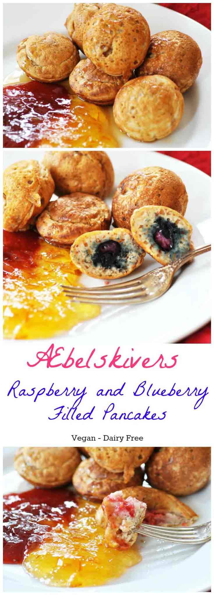 Æbelskivers - Filled Pancake Balls! This Danish filled pancake recipe is vegan and dairy-free. Light, fluffy, and delicious. Fill them with fruit, chocolate, nuts, or whatever you like. www.veganosity.com 