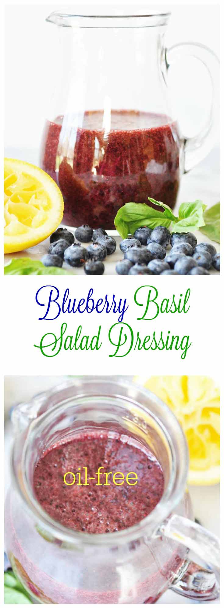 Blueberry Basil Salad Dressing! This delicious oil-free dressing has only four ingredients, if you don't count the water, sugar, and salt. Pour it over your favorite salad and you'll be in your happy place. www.veganosity.com