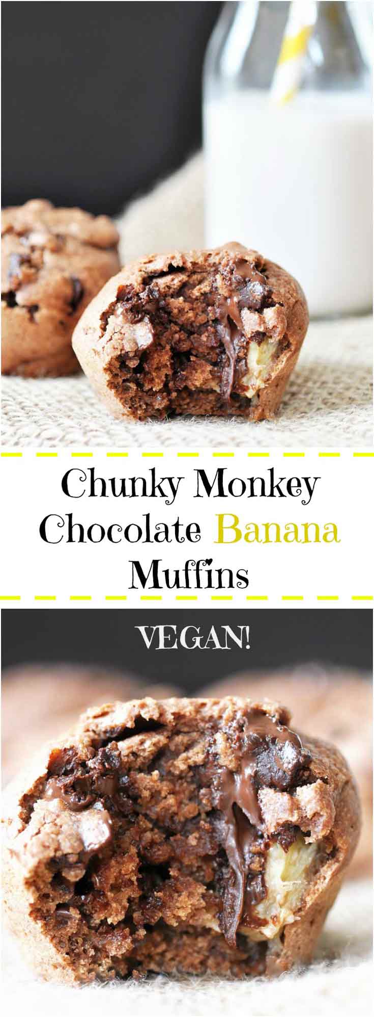 Chunky Monkey Chocolate Banana Muffins! This vegan muffin recipe is filled with chocolate and bananas. The perfect morning or afternoon treat. www.veganosity.com
