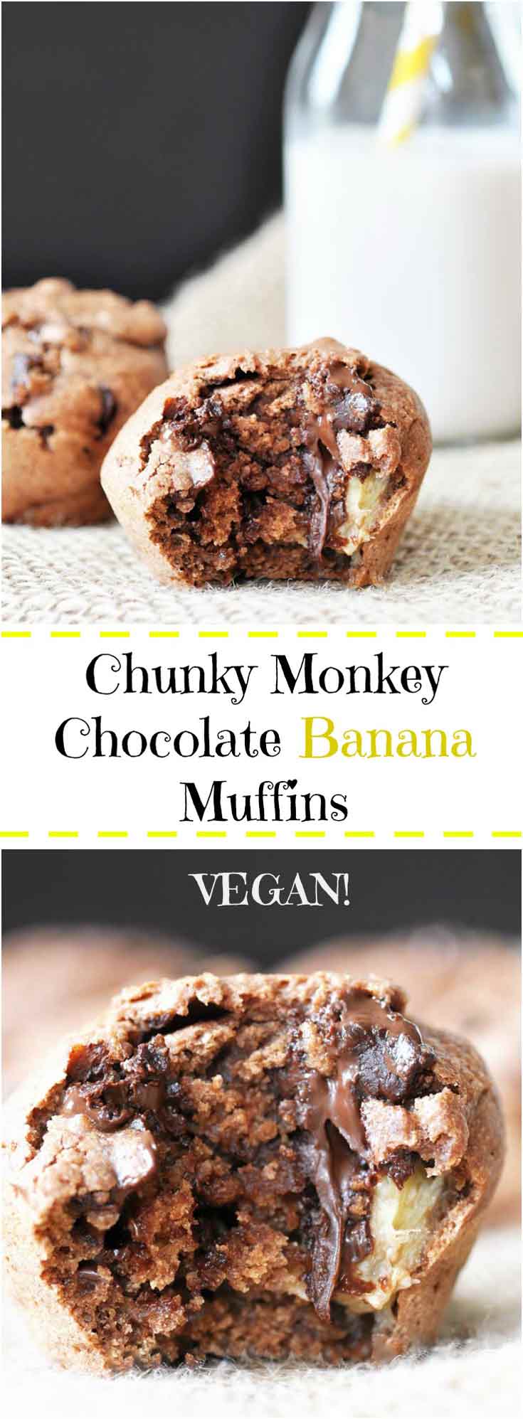 A PInterest pin for chunky monkey chocolate banana muffins with 2 pictures of the muffins. 