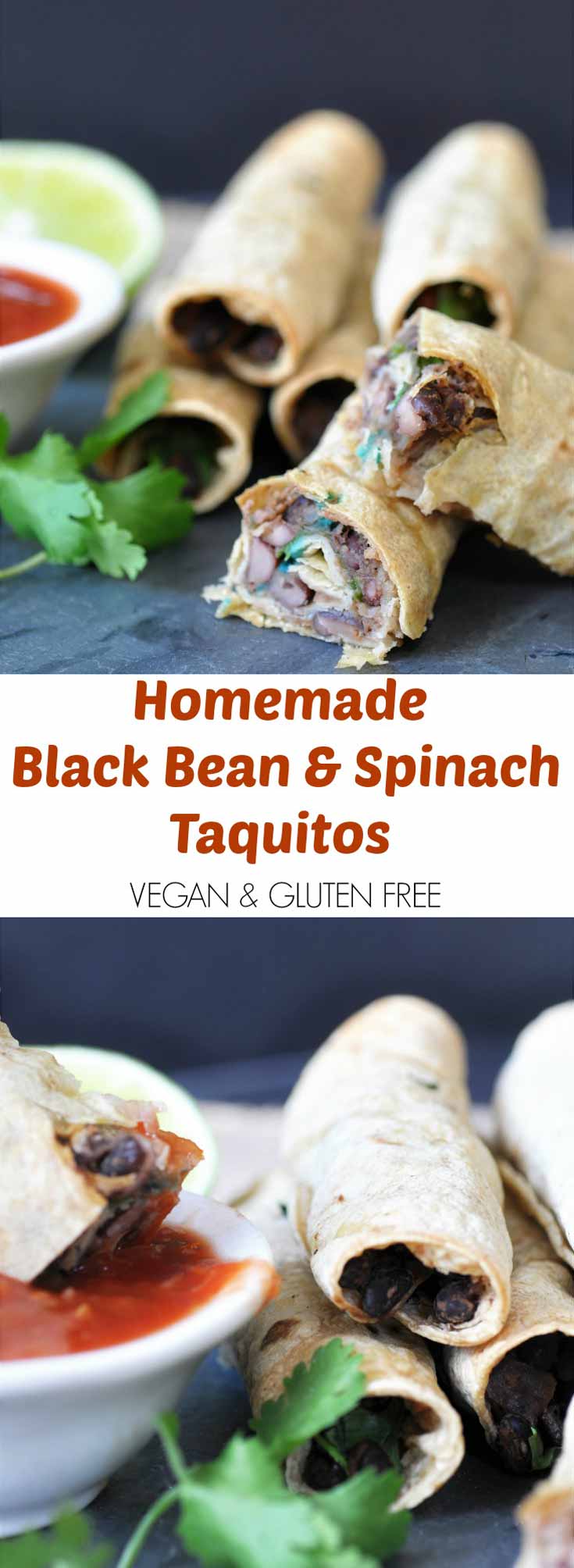 Homemade Black Bean & Spinach Taquitos! This taquito recipe is so crispy on the outside and savory and chewy on the inside. The perfect appetizer or make it part of a meal. www.veganosity.com