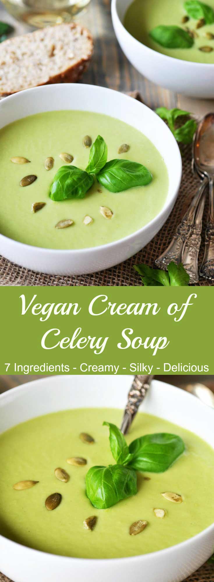 Vegan Cream of Celery Soup! A simple, easy, and delicious soup recipe made with celery, basil, and lemon. www.veganosity.com