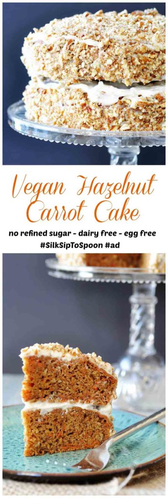 A PInterest pin for vegan carrot cake with a picture of the whole cake and a slice of cake.