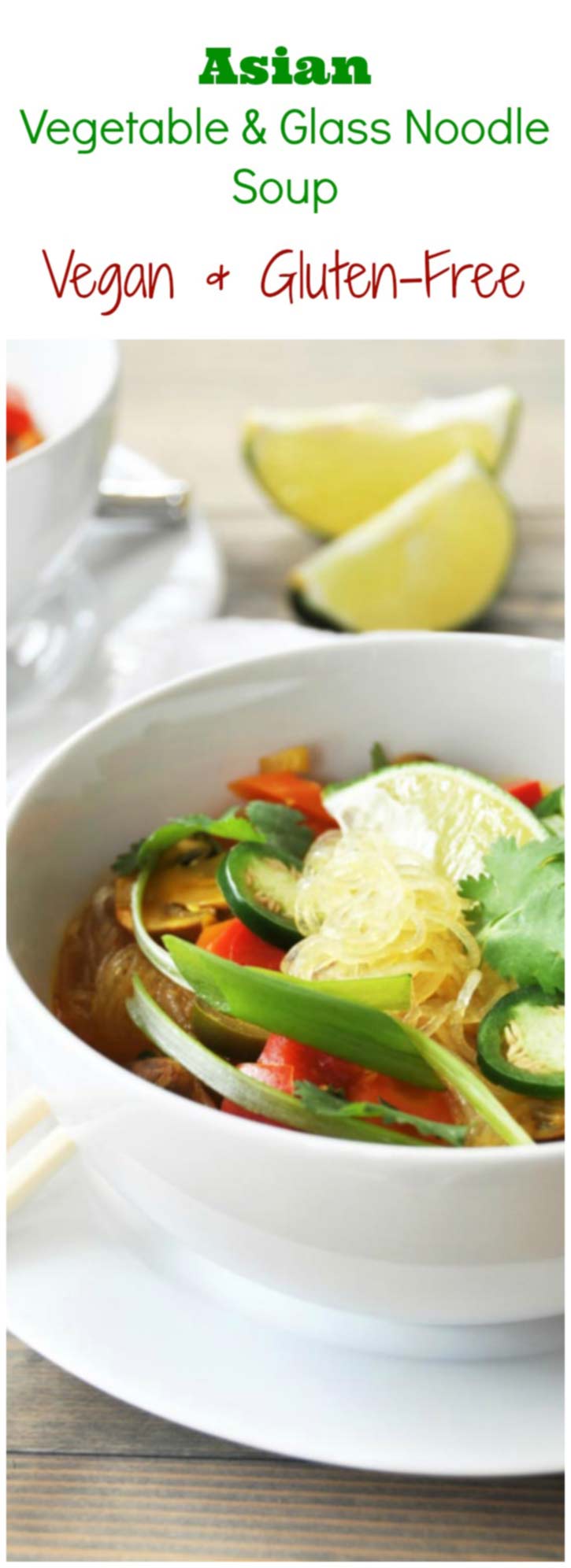 Asian Vegetable & Glass Noodle Soup! This glass noodle soup recipe is filled with vegetables and savory spices, with a bright blast of lime. Easy, healthy, and delicious. www.veganosity.com