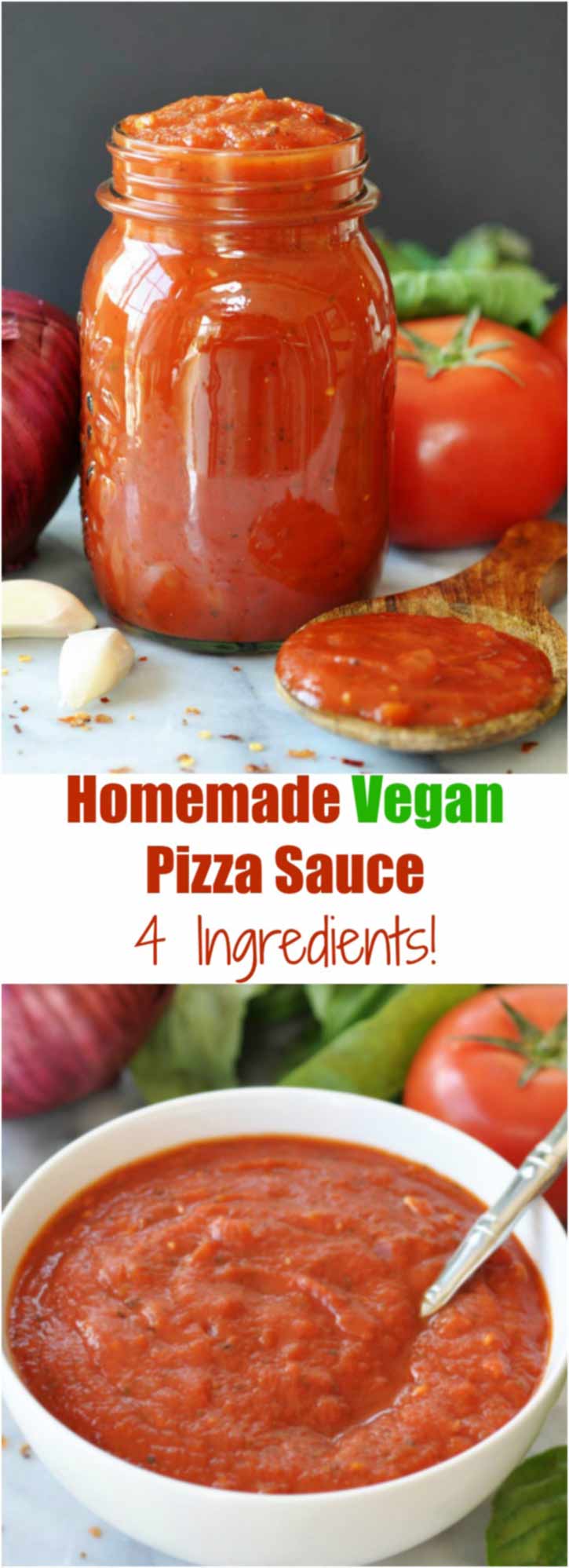 4 Ingredient Homemade Vegan Pizza Sauce! So simple to make and so delicious to eat. A family favorite recipe. www.veganosity.com