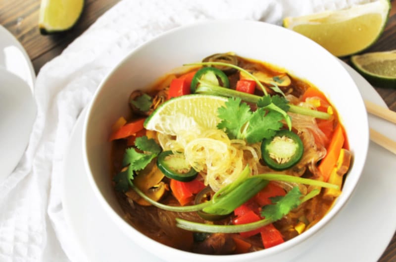 Asian Vegetable & Glass Noodle Soup! This glass noodle soup recipe is filled with vegetables and savory spices, with a bright blast of lime. Easy, healthy, and delicious. www.veganosity.com