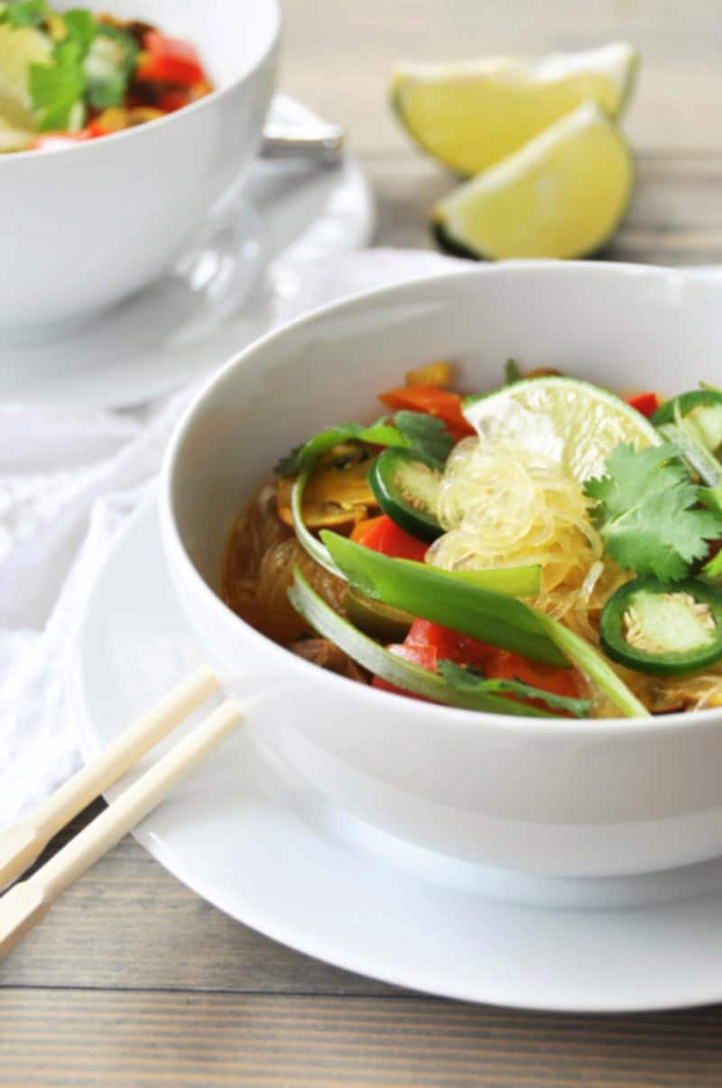 Asian Vegetable & Glass Noodle Soup! This glass noodle soup recipe is filled with vegetables and savory spices, with a bright blast of lime. Easy, healthy, and delicious. www.veganosity.com