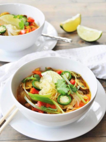 Asian Vegetable & Glass Noodle Soup! This glass noodle soup recipe is filled with vegetables and savory spices, with a bright blast of lime. Easy, healthy, and delicious. www.veganosity.com