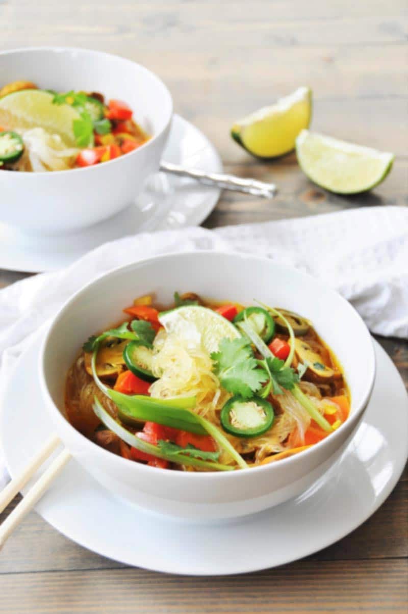 Asian Vegetable & Glass Noodle Soup! This glass noodle soup recipe is filled with vegetables and savory spices, with a bright blast of lime. Easy, healthy, and delicious. www.veganosity.com