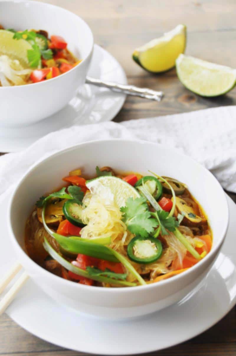 Asian Vegetable & Glass Noodle Soup! This glass noodle soup recipe is filled with vegetables and savory spices, with a bright blast of lime. Easy, healthy, and delicious. www.veganosity.com